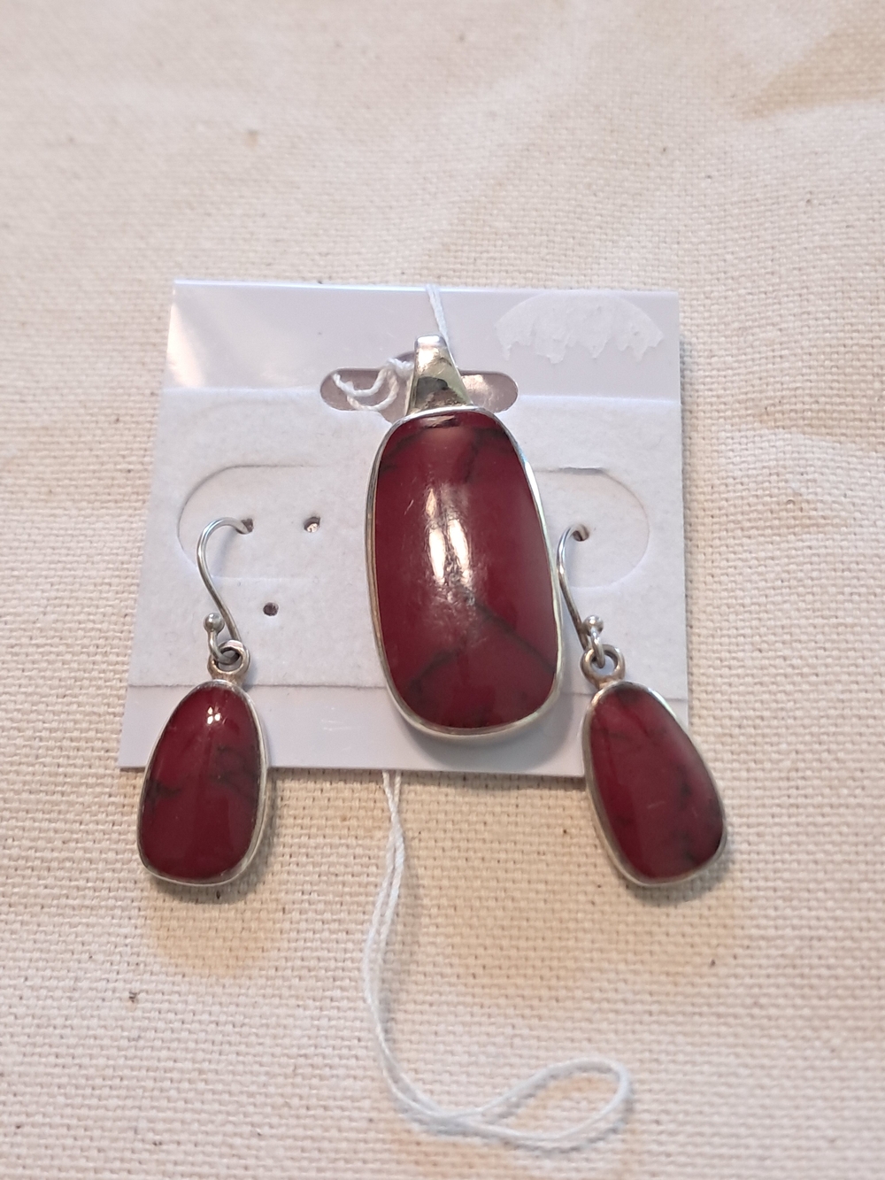 Vintage Jasper Pendant and Earring Set - Silver Tone